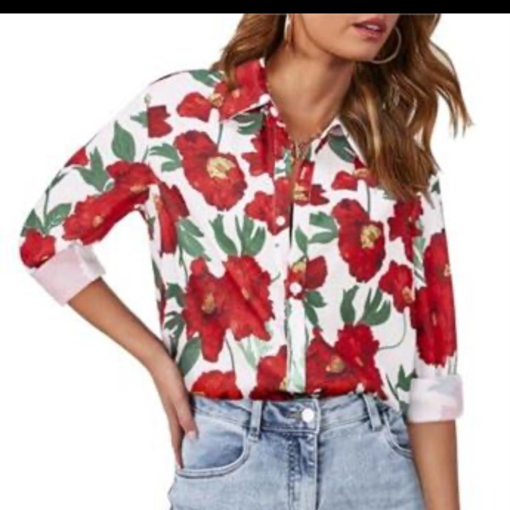Floral Red and White Women's Top size XS NEW - Picture 8 of 8